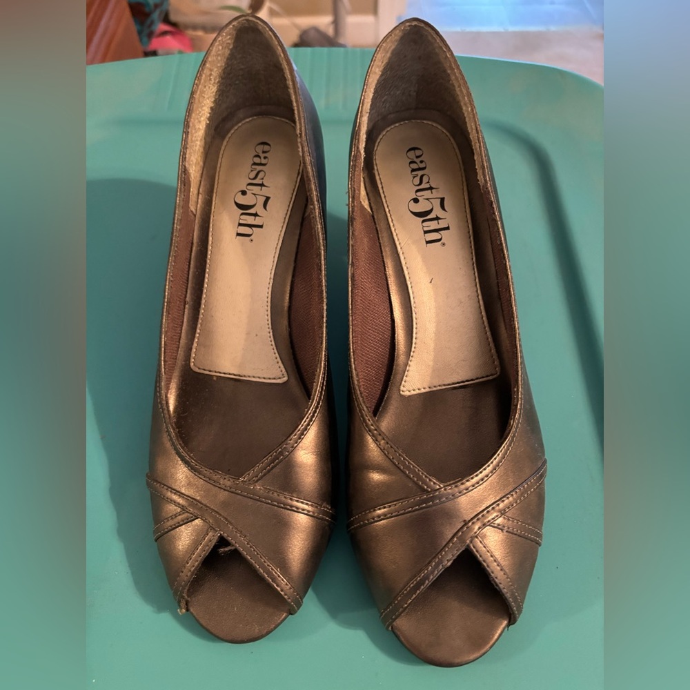 Like New East 5th Silver Peep-Toe Heels with Twisted Detail. Size 8.